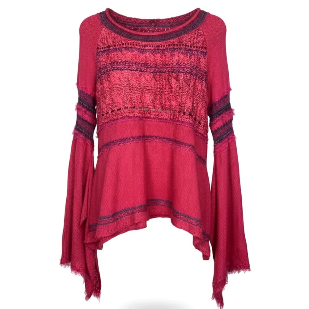 Free People Raspberry Pink Red Textured Knit Bell Sleeve Sweater Women‎ Size XS
